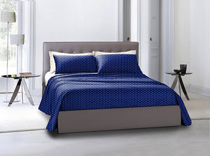 Completo letto lenzuola federe bifaccia double face stampa digitale in cotone made in italy POIS BIANCHI SU BLU/BIANCO