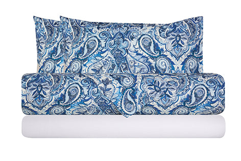 Completo letto lenzuola federe bifaccia double face stampa digitale in cotone made in italy PAISLEY AZZURRO/BIANCO