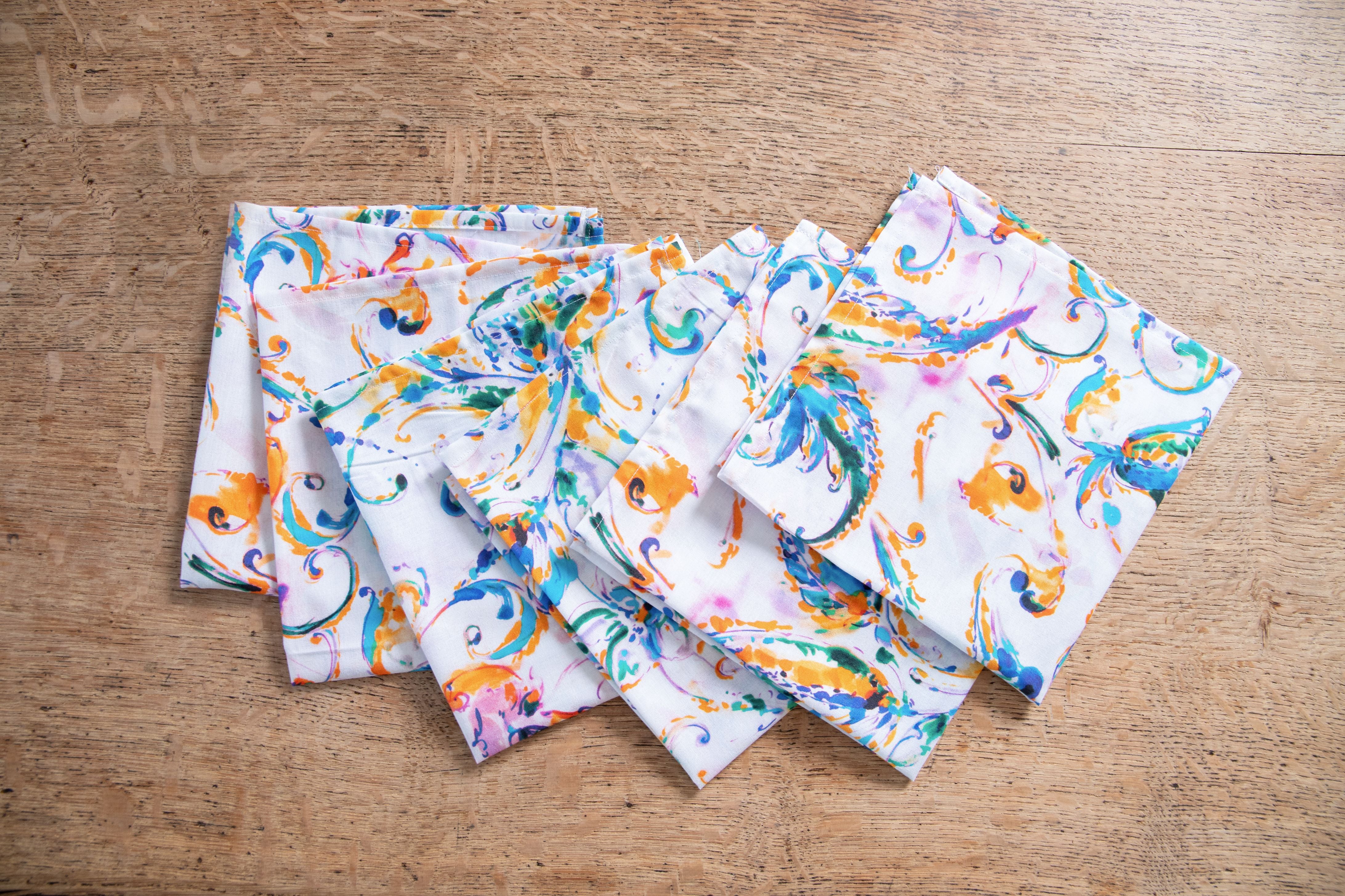 Set di 6 tovaglioli da tavola in stoffa 45 x 45 CM 100% cotone stampa digitale dai colori vivi ed intensi lavabili in lavatrice made in Italy PAISLEY ACQUAMARINA